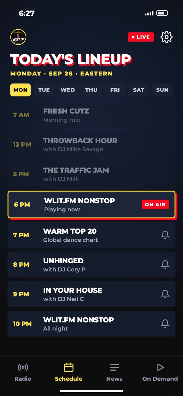 WLIT.FM app, Schedule screen