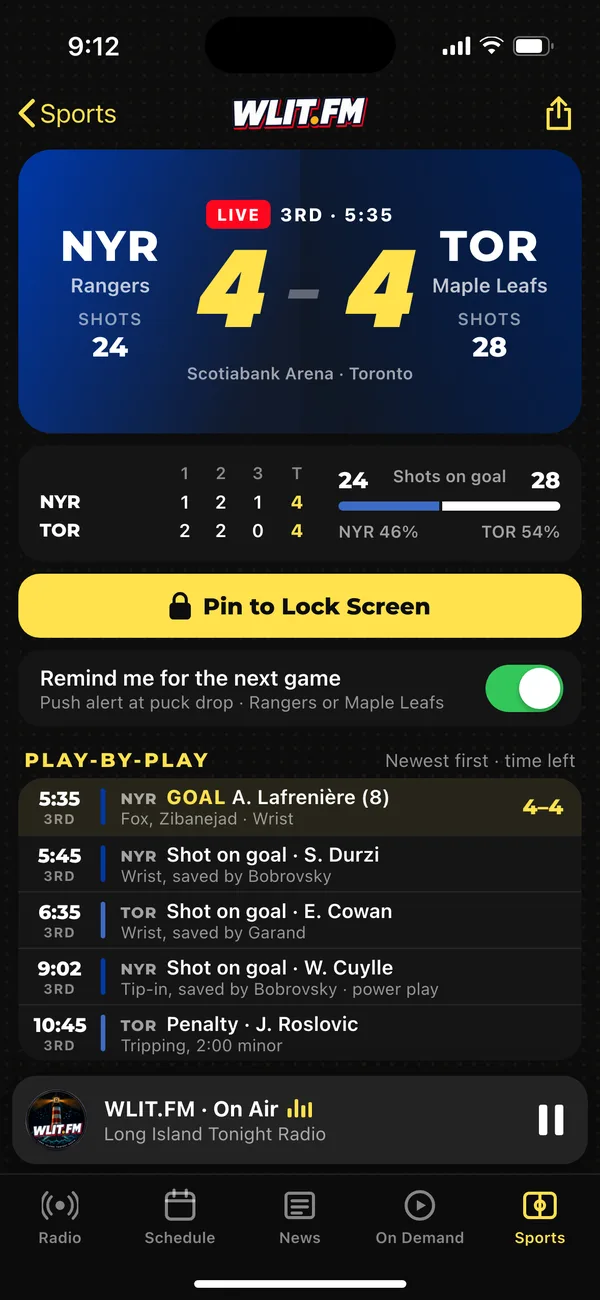 The live game screen in the WLIT.FM app