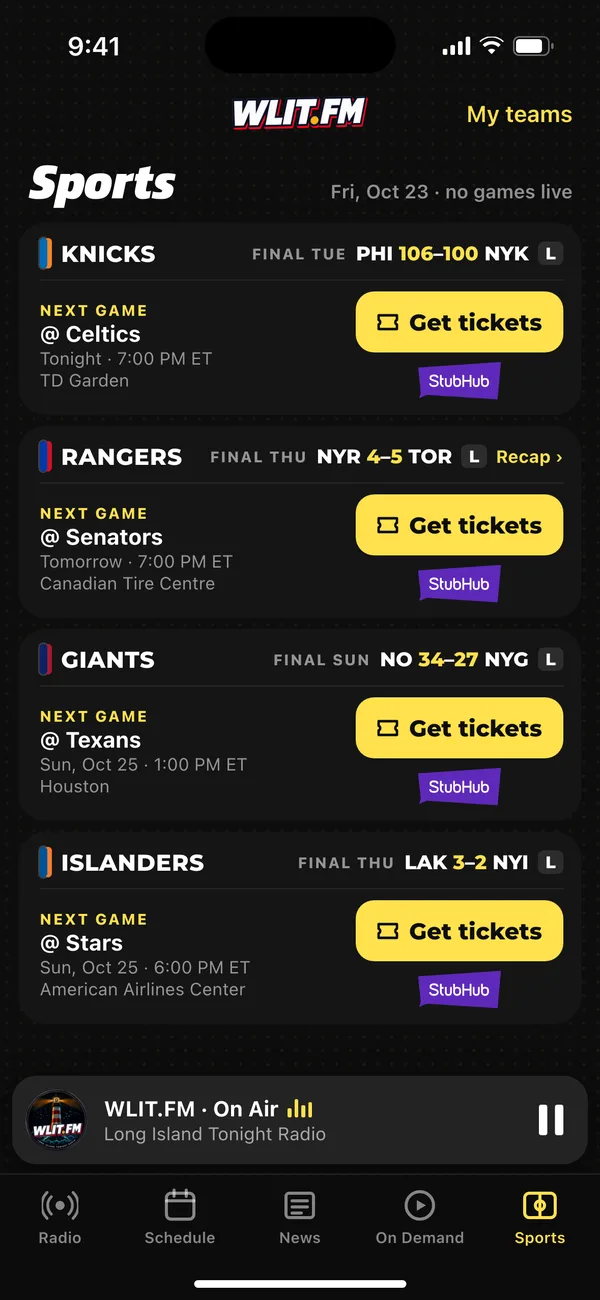 The Sports tab in the WLIT.FM app